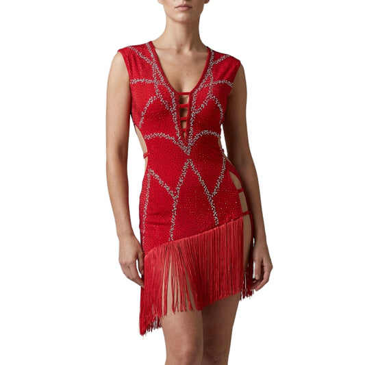 ByCharme Bright Red Silver Gold Fringes Latin Salsa Competition Dress - BCL-0160