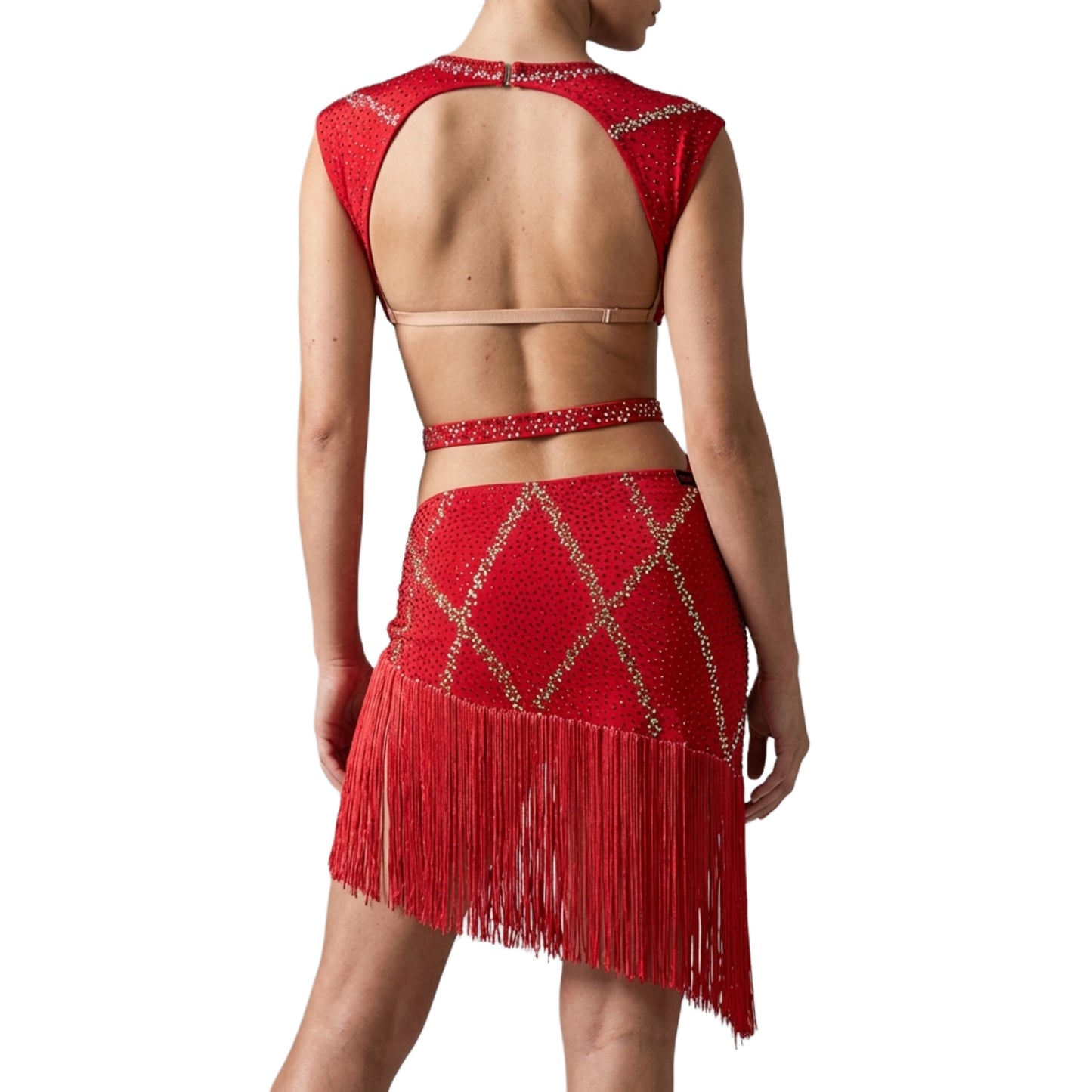ByCharme Bright Red Silver Gold Fringes Latin Salsa Competition Dress - BCL-0160