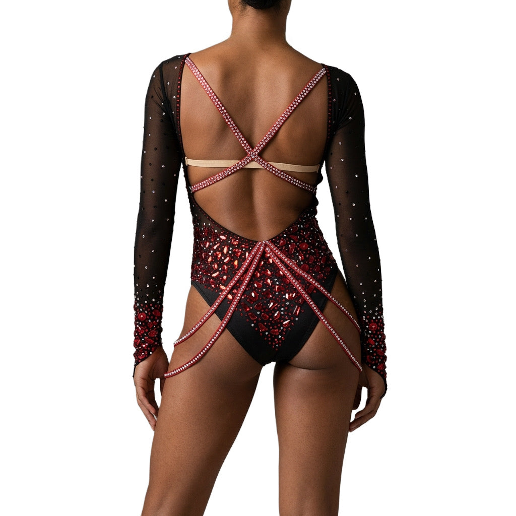 ByCharme Black Red Silver Fringes Latin Salsa Competition Dress - BCL-0184