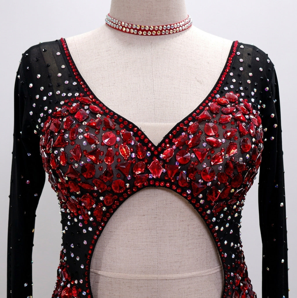 ByCharme Black Red Silver Fringes Latin Salsa Competition Dress - BCL-0184