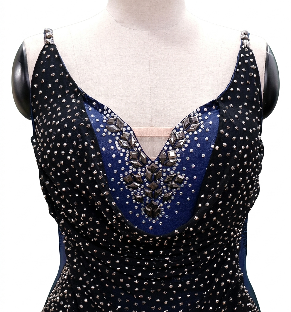 ByCharme Black Navy Blue Rhinestones Latin Salsa Competition Dress - BCL-0189