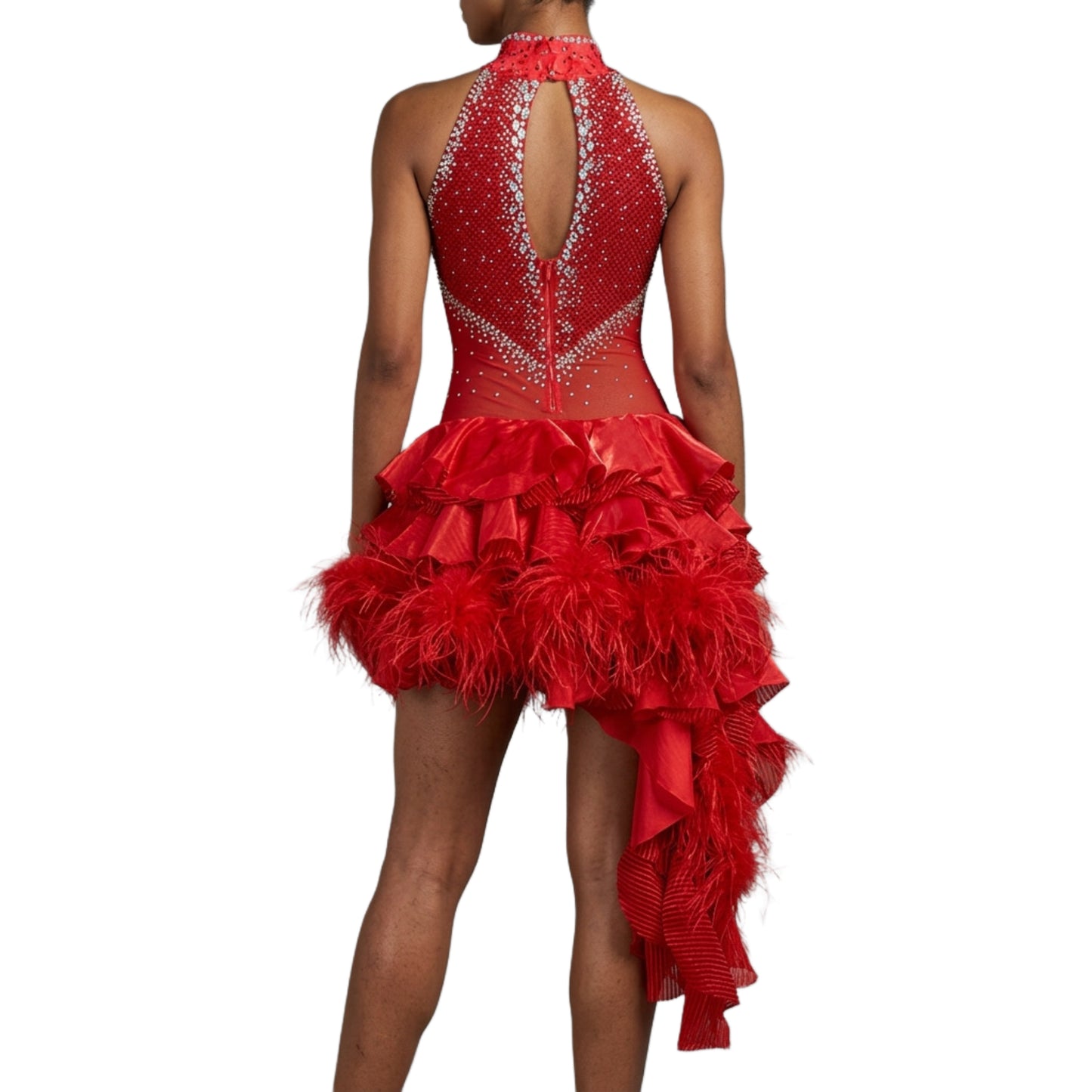 ByCharme Red Silver Lace Feathers Latin Salsa Competition Dress - BCL-0192